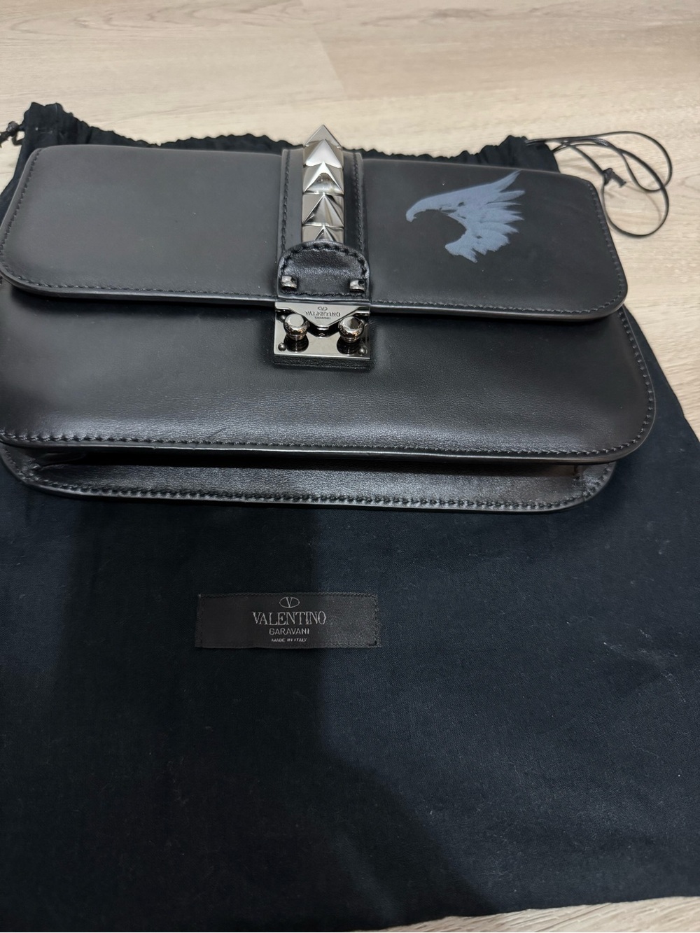 Valentino Garavani Black Leather Messenger with Stud-Trim and Graphic